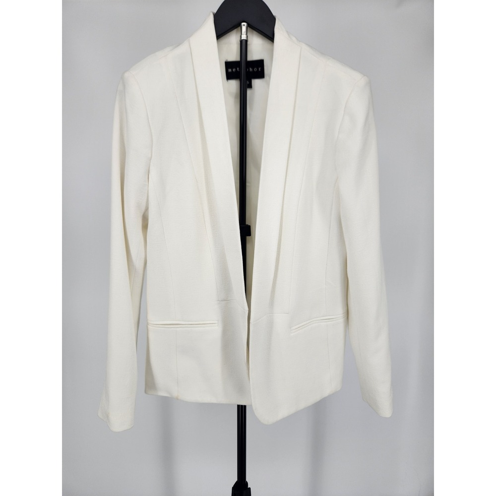 Metaphor Womens White Open Front Textured Crepe Blazer Jacket Size 10